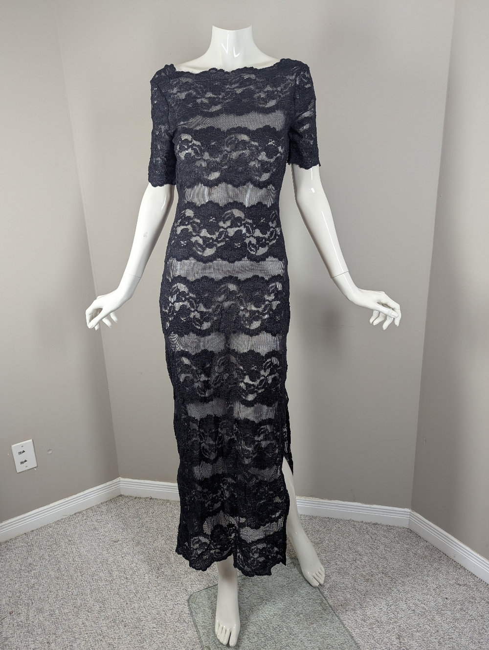 Vintage Sheer Lace Maxi Dress Black Stretch Bodycon Lingerie Style Size Small